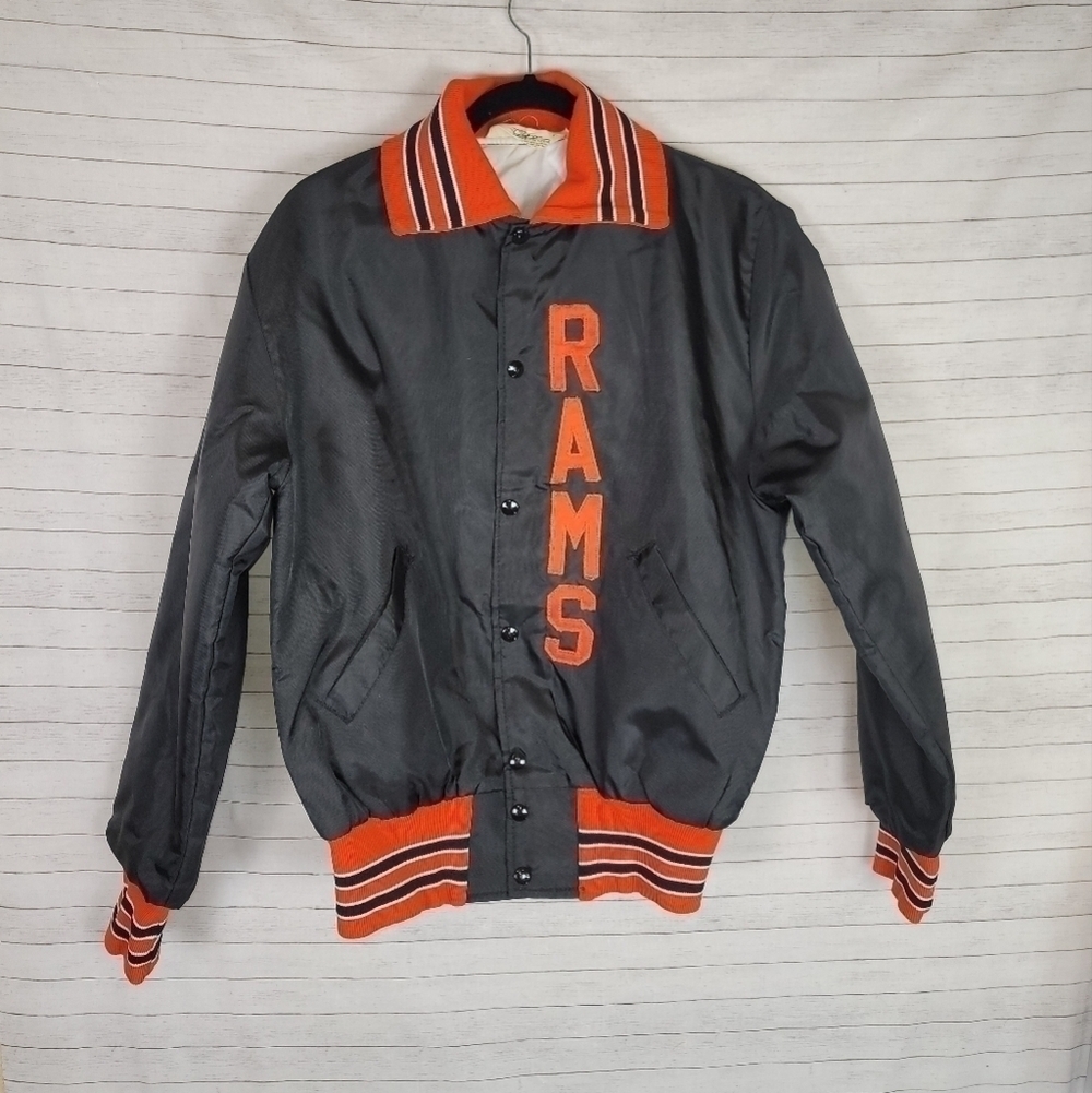 VINTAGE GORDON TECH BOMBER VARSITY LETTER ORANGE & BLACK JACKET, SZ SMALL